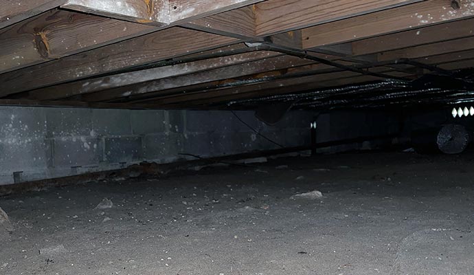 Visual of damage in the crawl space, requiring attention and repair.