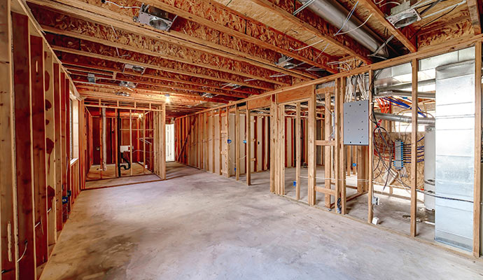 wooden foundation in basement